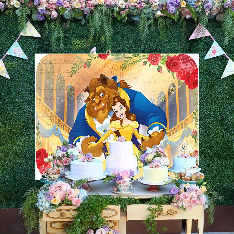 

Disney Cartoon Romantic Rose Beauty And The Beast Bell Princess Castle Palace Backgrounds Banner Happy Birthday Party Backdrop