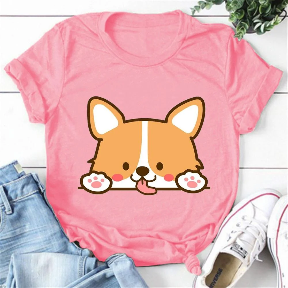 Женская футболка с коротким рукавом круглым вырезом и принтом собаки