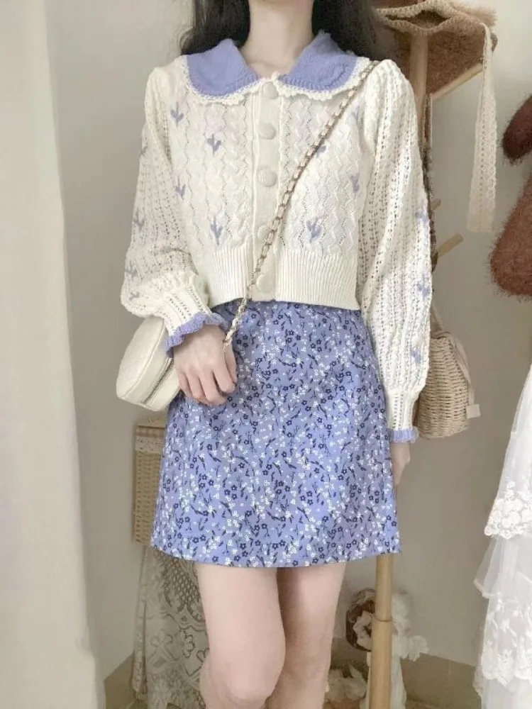 e przycięty sweter Ezgaga damski kwiaty Flare z długim rękawem znosić kołnierzyk Piotruś Pan słodki elegancki dziergany bluzki damskie