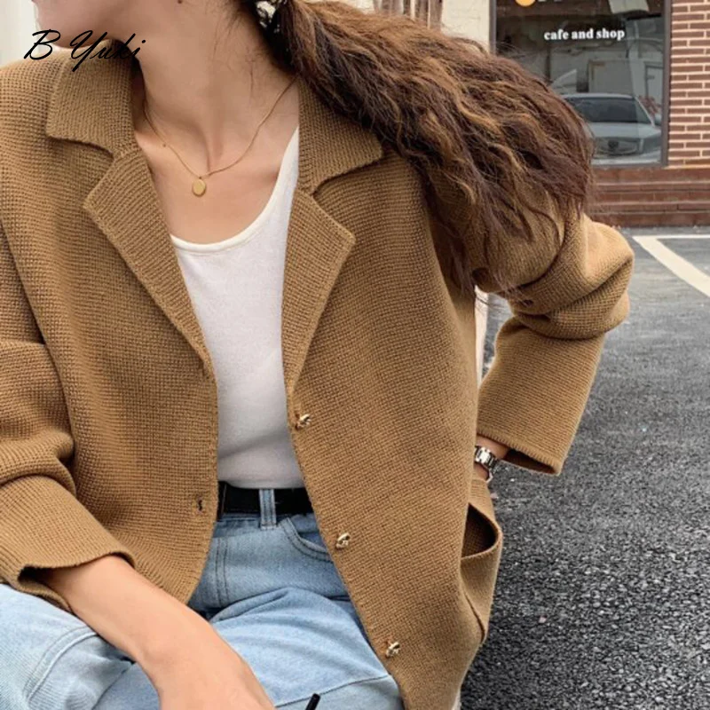 

Blessyuki Loose Vintage Solid Knit Sweater Cardigan Women Casual Elegant Single-breasted Turn-down Collar Cardigans Female Tops