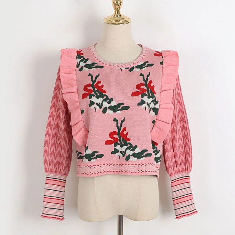 

Милый женский осенний свитер с оборками, короткий вязаный пуловер с круглым вырезом, джемпер, модная женская одежда 2022