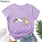 Фиолетовая Летняя женская рубашка с принтом в виде милых кошек, женская футболка из 100% хлопка, футболки с круглым вырезом и коротким рукавом, милые топы