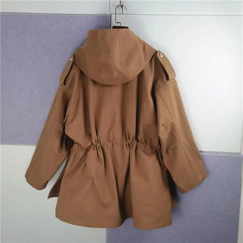 

Women Jacket Drawstring Elastic Waist Hooded Single Breasted Windbreaker