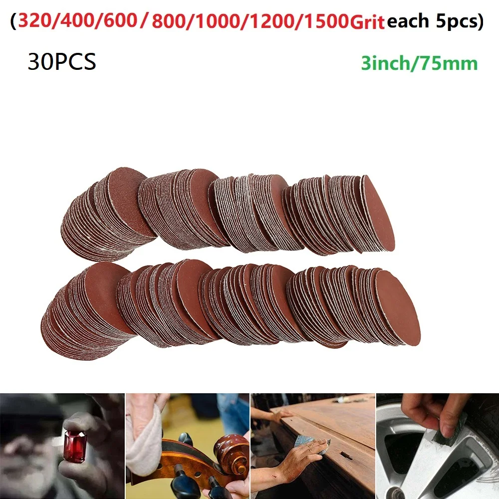 

30pcs 75mm-80mm Sandpapers 320/400/600/800/1000/1200/1500Grit For Polishing Metal Wood Jade Non-metallic Materials