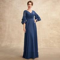 navy bule a line v neck mother of the bride dresses tiered three quarter sleeves simple long chiffon mother wedding guest gown