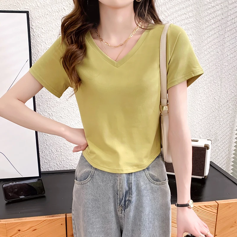 

Повседневные топы GGRIGHT с V-образным вырезом и коротким рукавом, женские рубашки, Женская манга Corta 2022, однотонная хлопковая футболка, женская летняя одежда