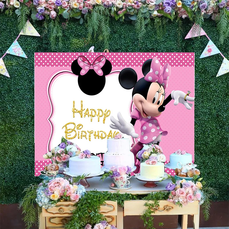 

Cartoon Disney Girls Princess Cute Pink Bow Tie Minnie Mouse Dots Photo Backdrop Baby Happy Birthday Party Backgrounds Banner