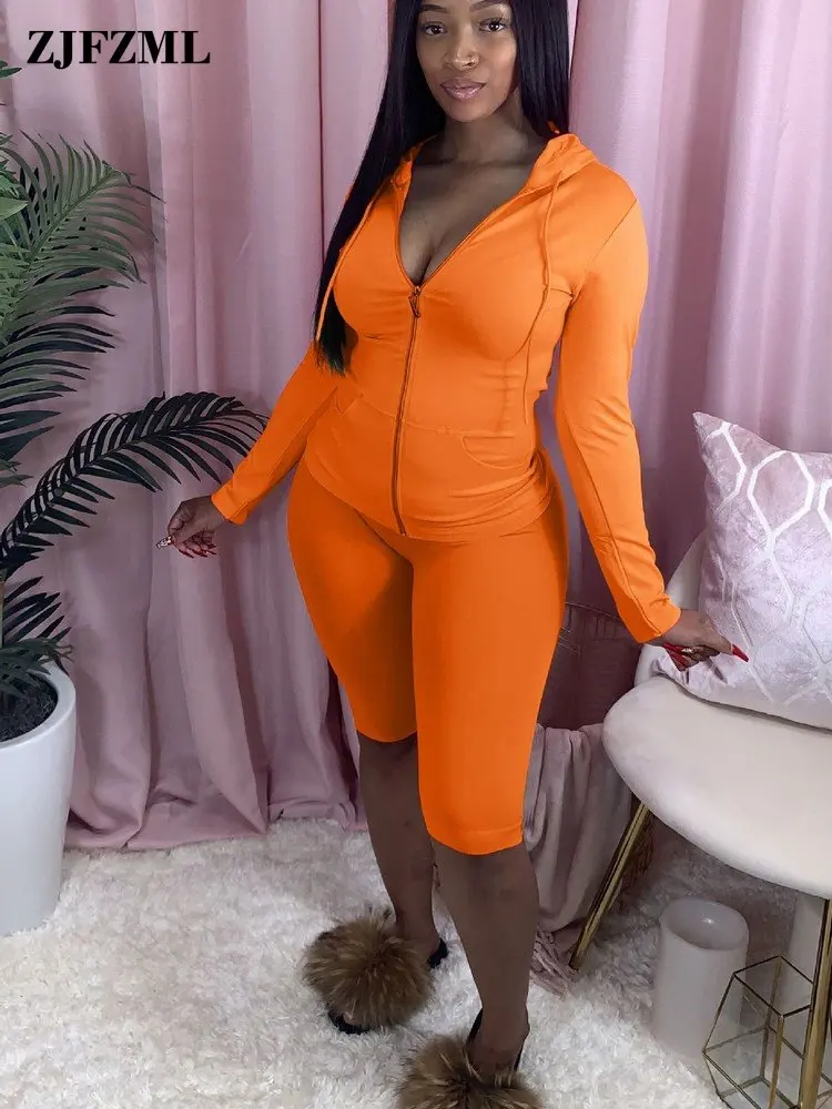 

Женские спортивные костюмы из двух предметов, повседневные спортивные костюмы, Базовая куртка на молнии с капюшоном и длинным рукавом и велосипедные короткие брюки до колена для бега