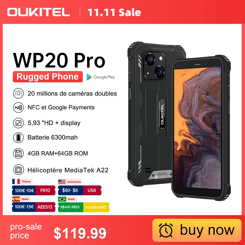 Смартфон Oukitel WP20 Pro защищенный, 4 + 64 ГБ, 5,93 мАч, 6300 дюйма, 20 МП, NFC