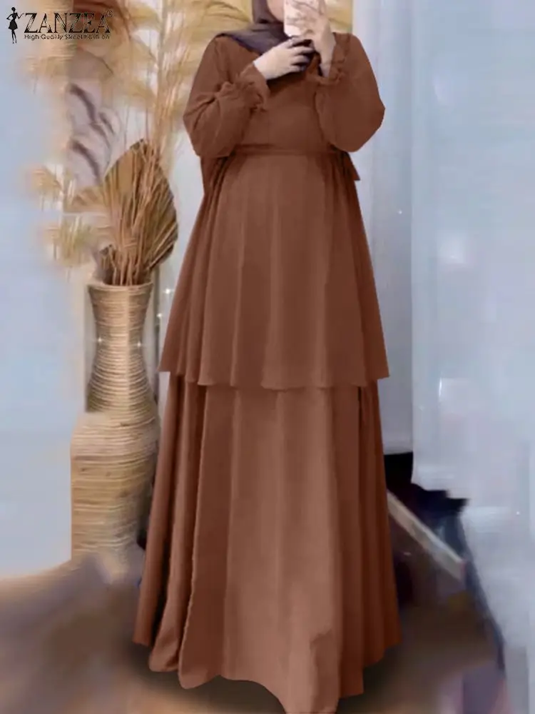 Платье ZANZEA женское в мусульманском стиле, элегантный однотонный длинный сарафан с оборками, Повседневная офисная одежда в исламском стиле, ...