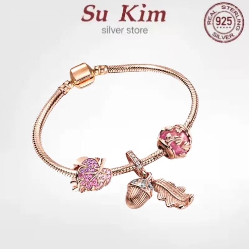 

100%925 Sterling silver European Fashion pan Charm Beaded rose gold Bracelet DIY Bangle For Women Couples Original Gift Jewelry