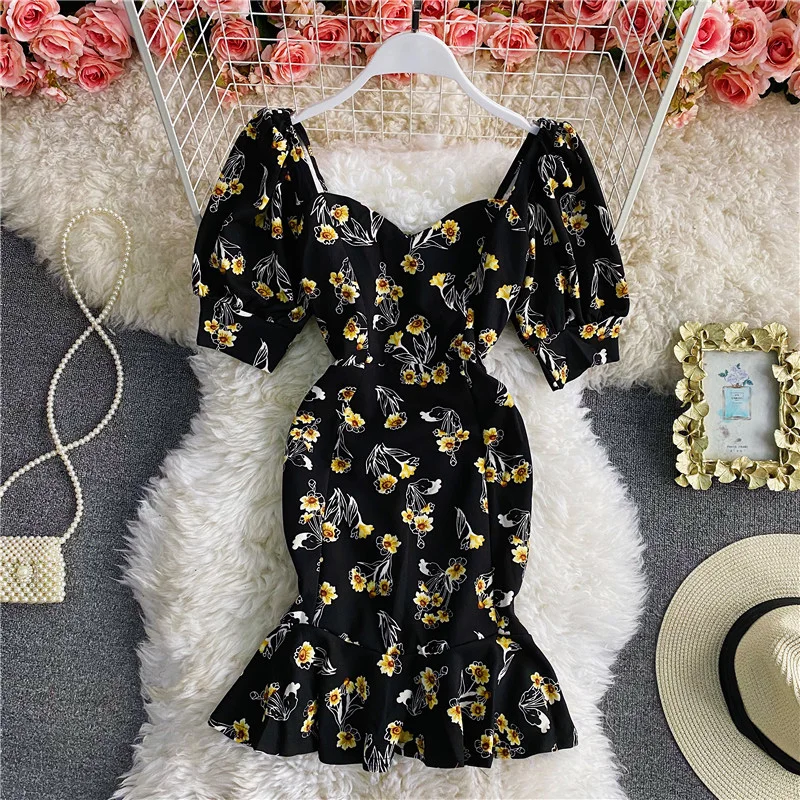 

Fashion Sexy Package Hips Dress Women 2022 Summer Flower Print Square CollarParty Dresses Short Ruffled Ladies Mermaid Frock