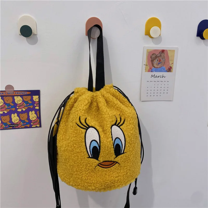 

Мультяшные плюшевые сумки на плечо для женщин, Желтая Мягкая Сумка-ведро из очков из овечьей шерсти с мультяшным рисунком, сумки через плечо, милые женские сумки