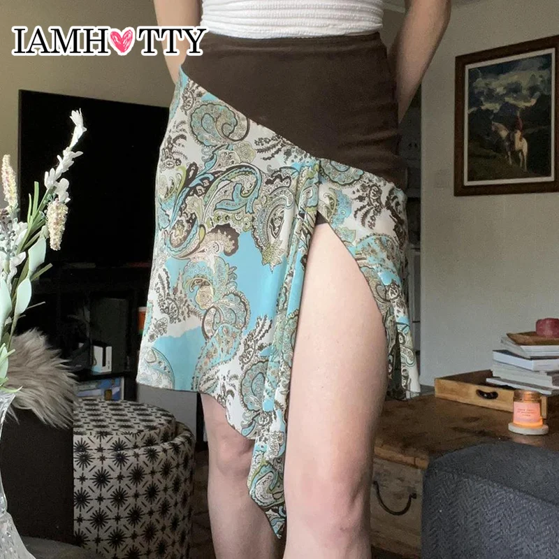 

IAMHOTTY Holiday Floral Print Contrast Color Patchwork Slit Mini Skirt Fairycore Grunge Aesthetic Asymmetrical Skirts Boho Sexy