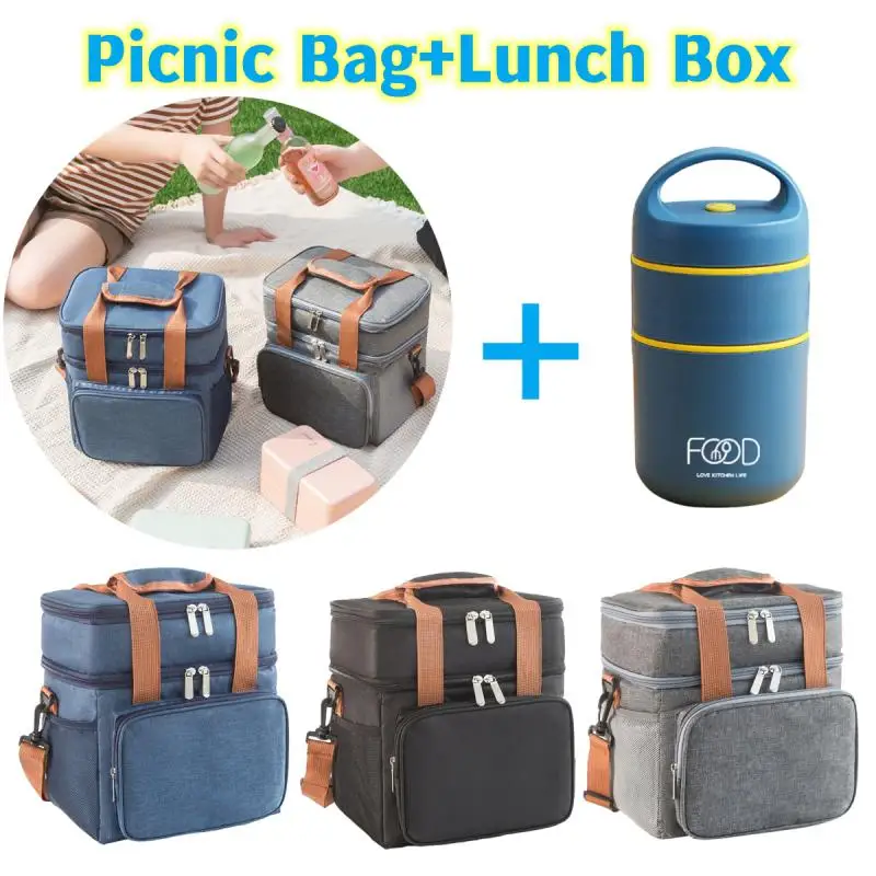 

Двухслойная изолированная сумка для ланча, вместительная коробка для пикника, бэнто, сумка для еды, Термосумка для еды, сумки для женщин и мужчин