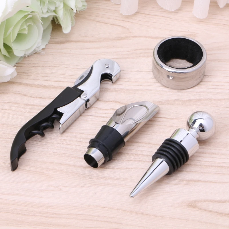 4Pcs Stainless Steel Wine Tool Gift Set Bottle Opener Corkscrew Stopper Pourer