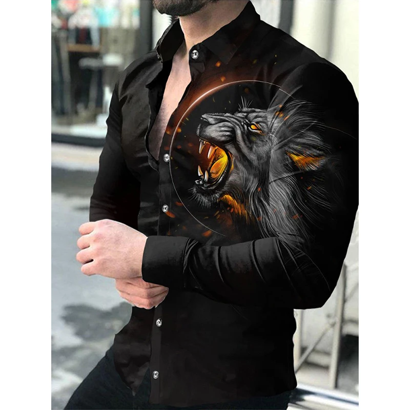 Luxury Men's Shirt Fashion Harajuku Shirt For Men Casual Lion Print Long Sleeve Men's Clothing Dress Streetwear Top Cardigan New