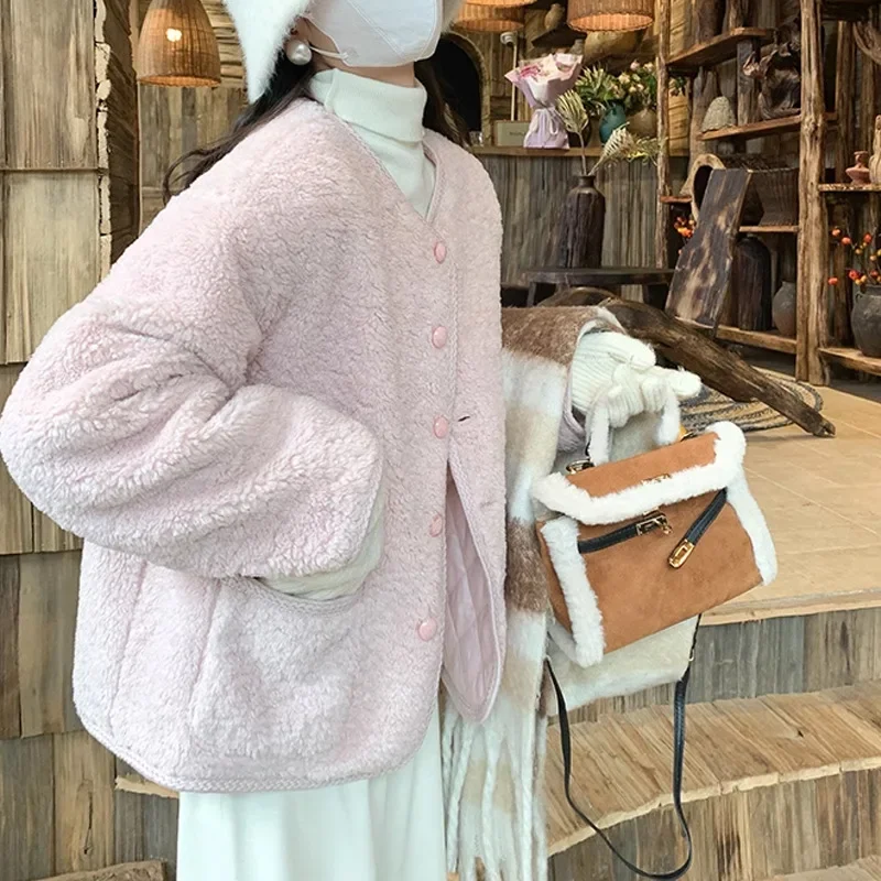 Shiyi розовая мягкая куртка из овечьей шерсти новинка 2024 зимний женский