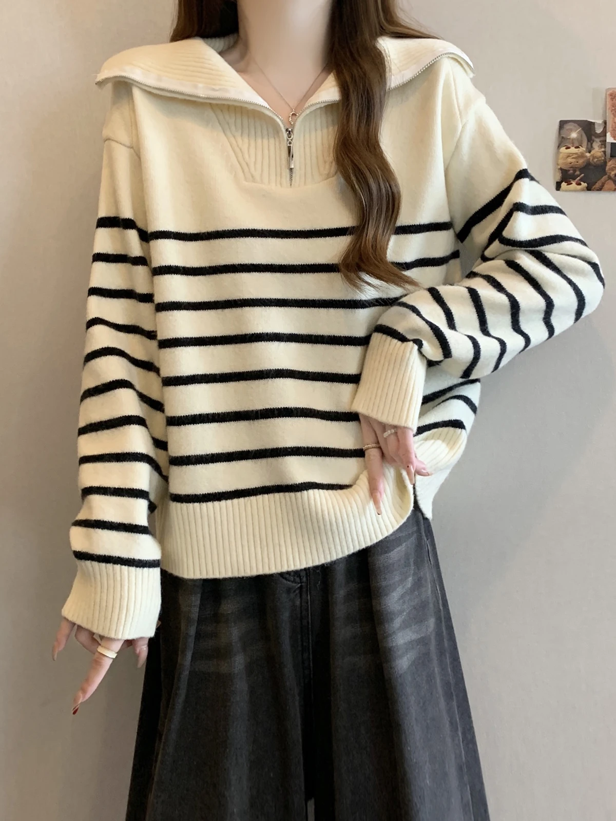 Plus size Half Zipper Lapel Striped sweater Women Autumn and Winter Fat Sister Loose Meat Covering Thickened Outer Wear Knit Top