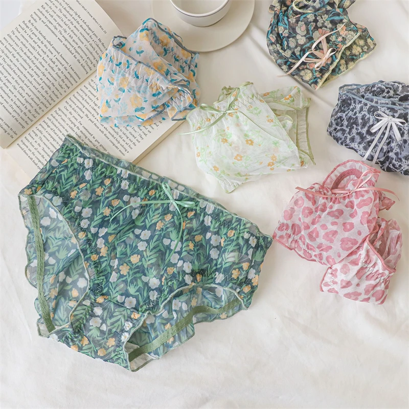 

Женские трусики в пасторальном стиле, маленькое нижнее белье с кружевной отделкой, тонкие дышащие трусы из сетчатой пряжи, брифы