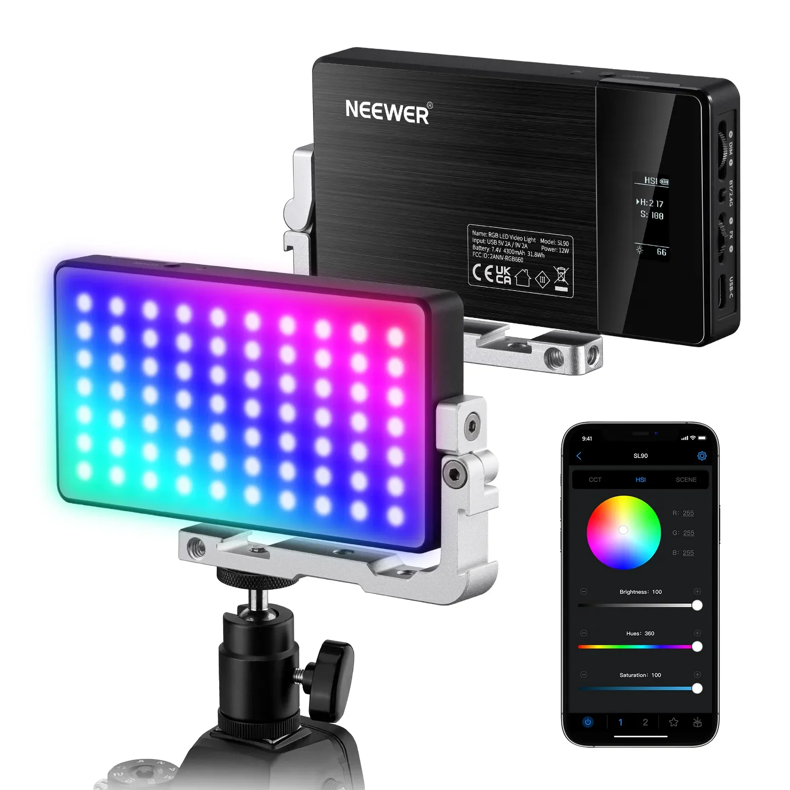 

NEEWER SL90 RGB Video Light 12W 4300mAh Rechargeable Battery Full Color 18 Light Effect LED Camera Light App Lamp; 2.4G Control