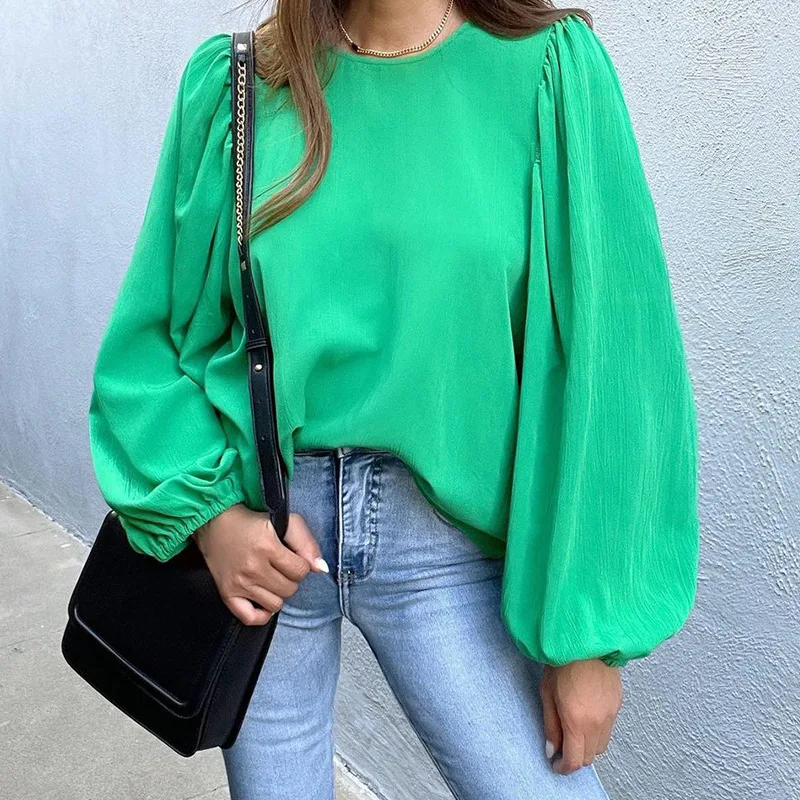 

2022 Autumn And Winter New Tops Women Solid Color Loose Pullover Blouse Femme Women's Round Neck Lantern Sleeve Fashion Shirt