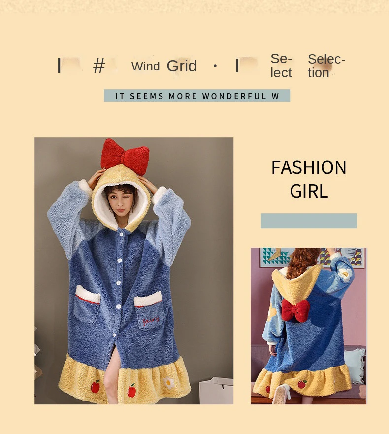 M-5XL Women'S Autumn/Winter Long Flannel Coral Fleece Snow White Cute Hooded Pajamas Nightgown Homewear