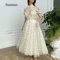 romantic a line prom dresses turndown collar with belt appliques short sleeve evening gowns ankle length prom graduation dress