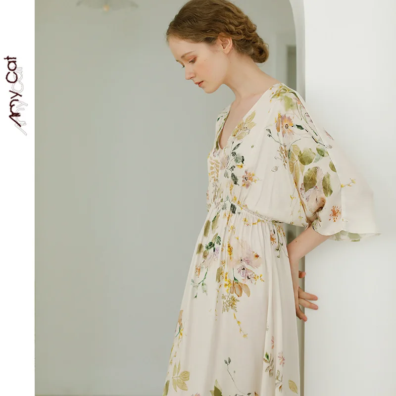 Summer 2022 Women's Nightgown Vintage Nightgowns V-neck Elegant Rose Print Lace-up Sleepwear Women Fashion Retro Woman Pajama