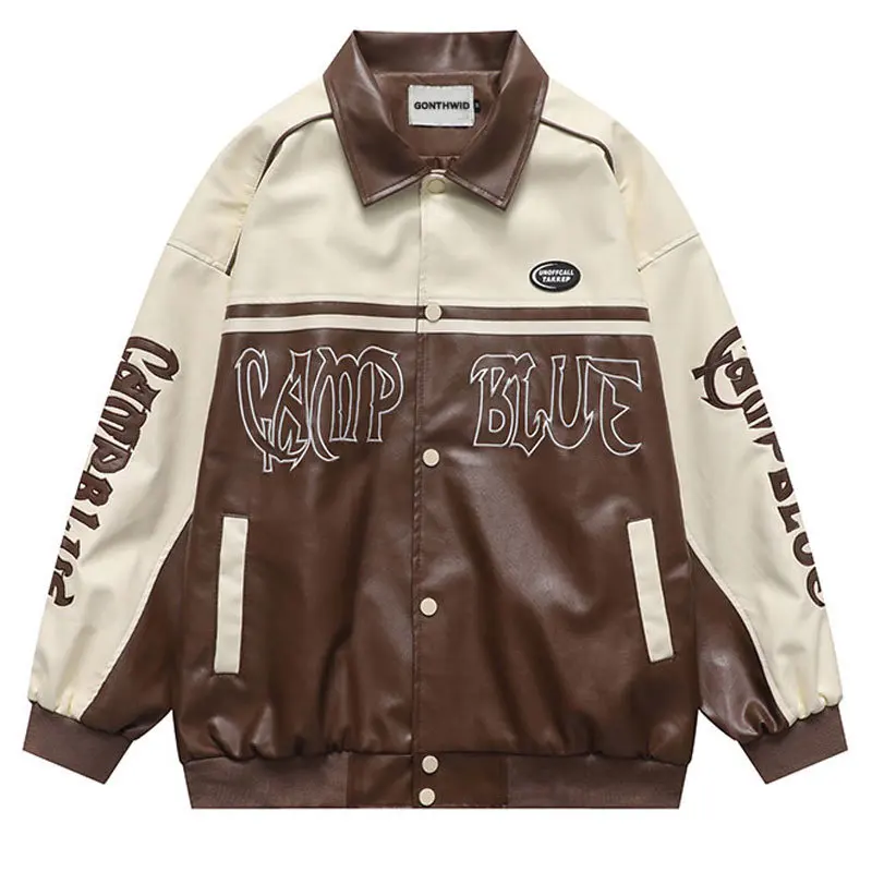 

Men Leather Jacket Vintage Faux Leahter Motorcycle Biker Jacket Hip Hop Embroidery Letter Patchwork Casual Streetwear Coat Brown