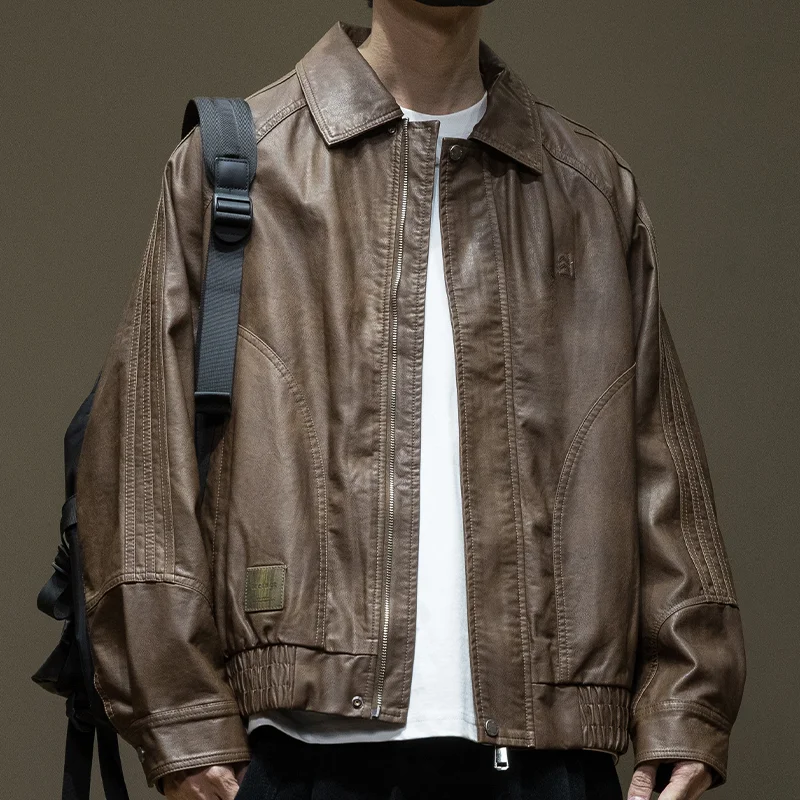 PU Leather Outerwear Men's Spring and Autumn American vintage Short Leather jacket Fashion Brand Pu Shuai Lapel...