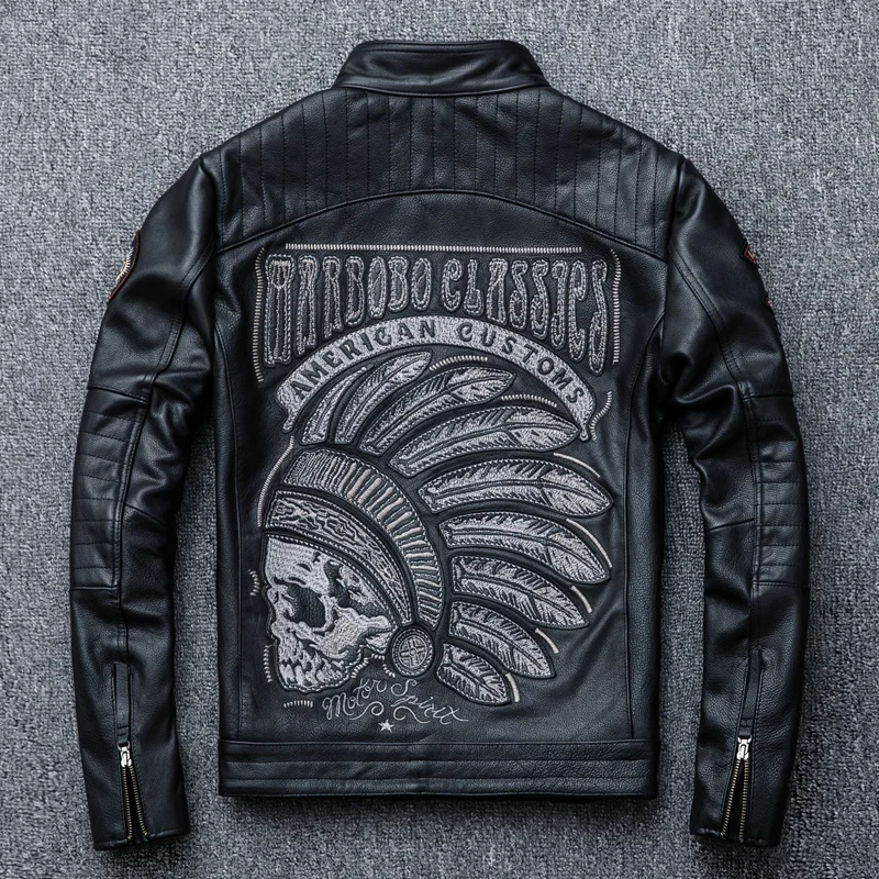 

Moto& Male Biker Jackets Spring Autumn Stand Real Leather Jacket Men's Clothing Embroid Cowhide Coat Veste Homme