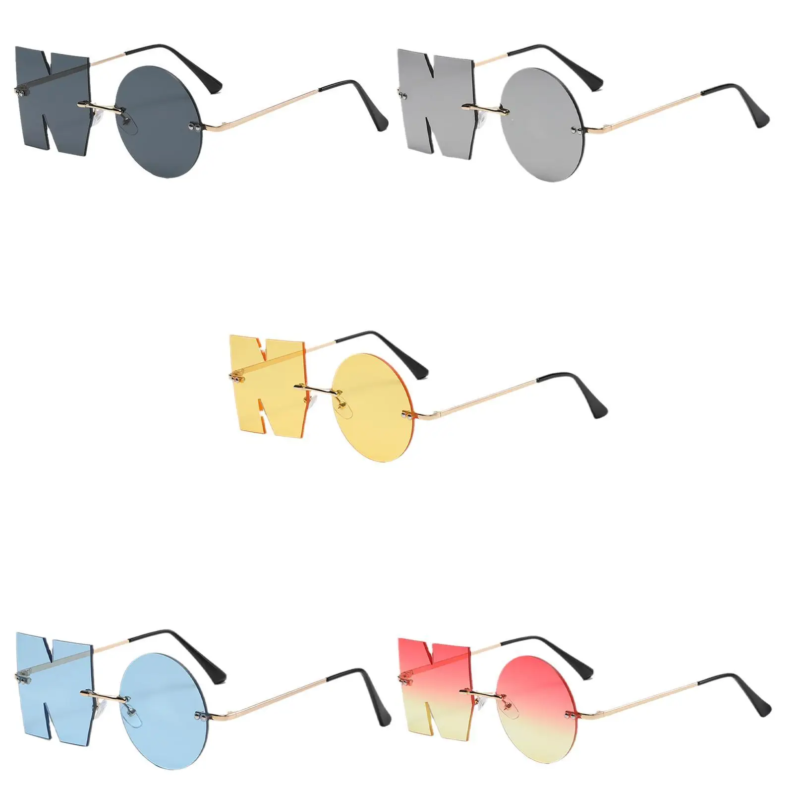 

Rimless Letter NO Sunglasses Women Luxury Brand Punk Metal Blue Pink Lens Sun Glasses Men Trend UV400 Shades Gafas De Sol