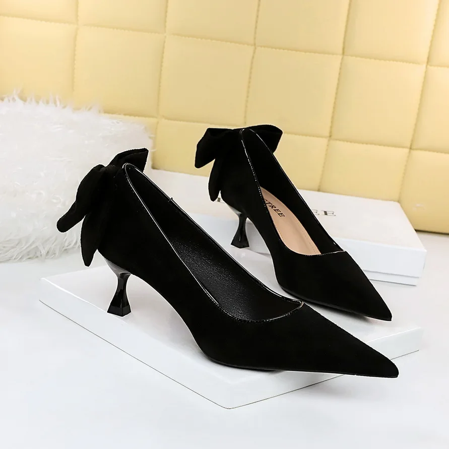 Обувь BIGTREE женские замшевые туфли-лодочки на каблуке с бантом новые весенние