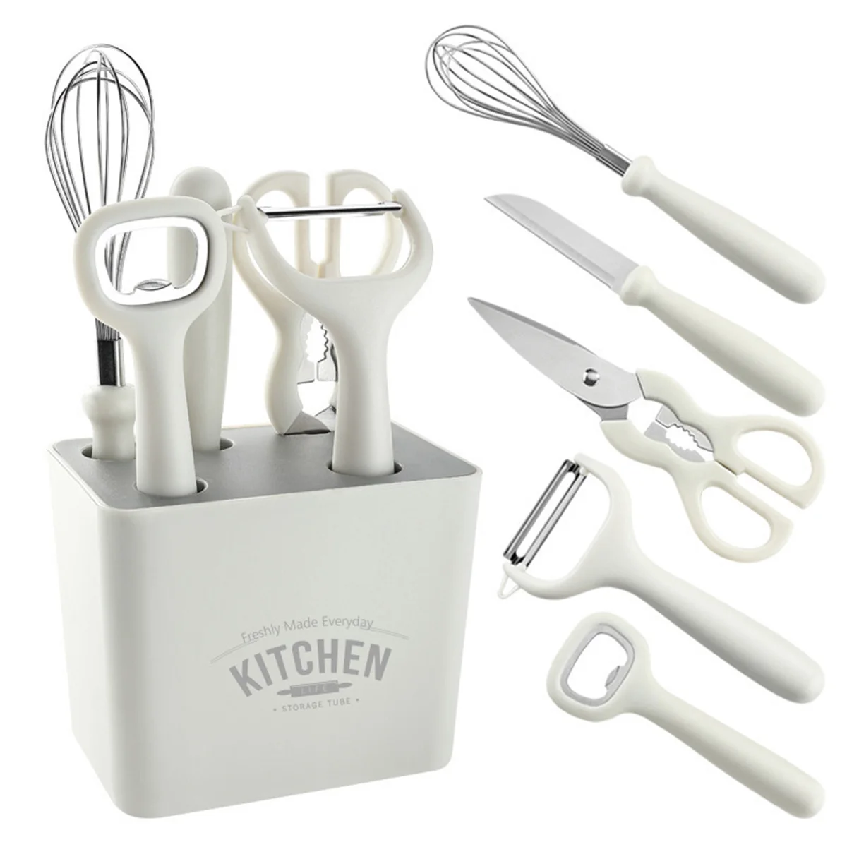 

6PCS Cooking Utensils Set With Storage Box Plastic Lightweight Scissors Knife Peeler Egg Beater Kitchen Gadgets Cooking Tool Set