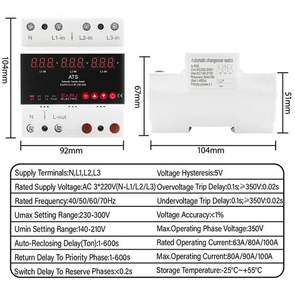 63A/100A 3-фазный 4-проводной регулируемый защитный прибор от пониженного напряжения