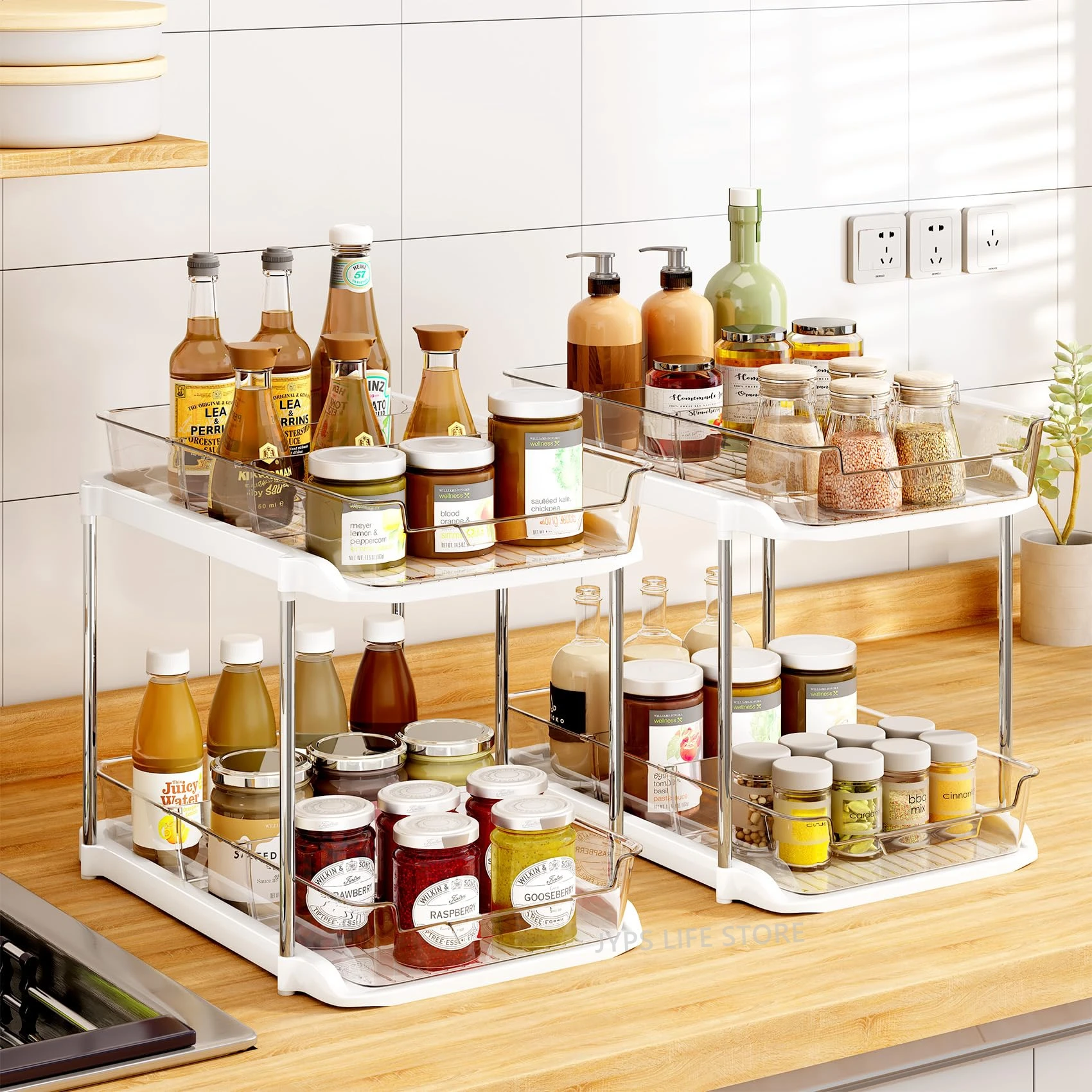 2-уровневая Кухонная Полка Для Специй Акриловая Хранения С Держателем Бутылок И