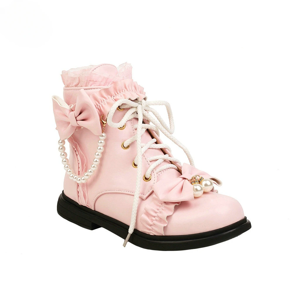 

Autumn Winter Warm Plush Ankle Boots Women Flat Low Heels Platform Girls Short Bootie Gothic Sweet JK College Shoes Black Pink