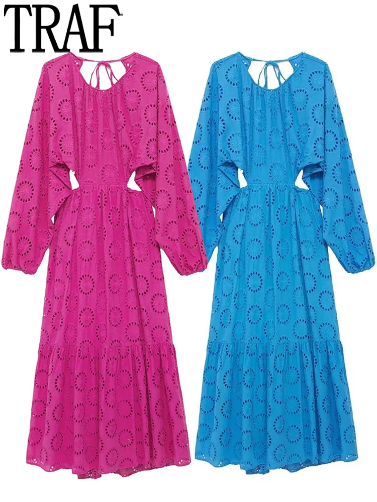 

TRAF Rosy Embroidery Cut Out Dress Women Backless Long Dress Woman Blue Ruffle Elegant Dresses Puff Long Sleeve Summer Dresses