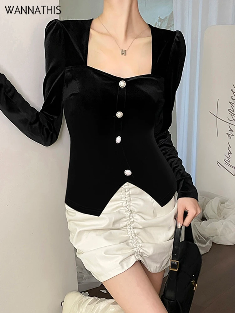 

WannaThis Velvet Button Clothes Black T-shirt Women Streetwear Square Collar Long Sleeve Autumn Sexy Crop Top Bodycon 2023 Tees