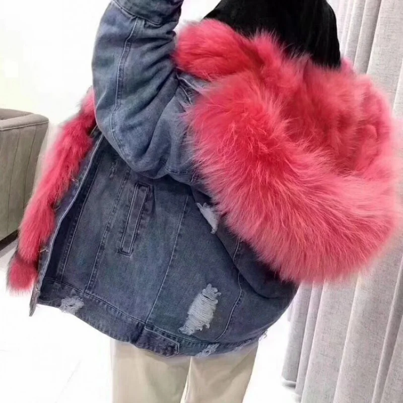 Parka Women's Mid-Length Denim Shell Fox Liner Fur Coat for Women100%Genuine fur street cowboy