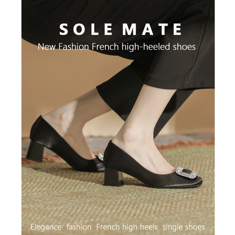 SOLEMATE Women's Genuine Leather Single Shoes, Thick Heel Rhinestone High Heels, Suitable for Wedding/Banquet Shoes