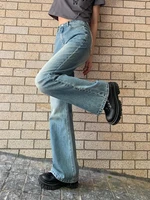 houzhou vintage flared jeans women y2k 90s aesthetic chic fashion denim pants female harajuku streetwear grunge basic trousers