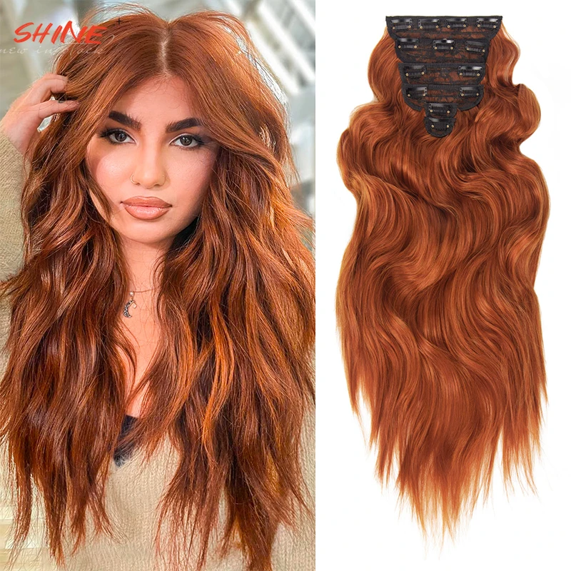 6Pcs/Set Synthetic Hairpiece Long Wavy Cooper Clip In Hair Extension For Women Red Orange Natural Looking High Temperature Fiber