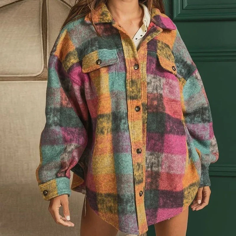 

Куртка женская однобортная с отложным воротником и длинным рукавом, повседневный модный Свободный пиджак с карманами, винтажный жакет в клетку, пальто на осень