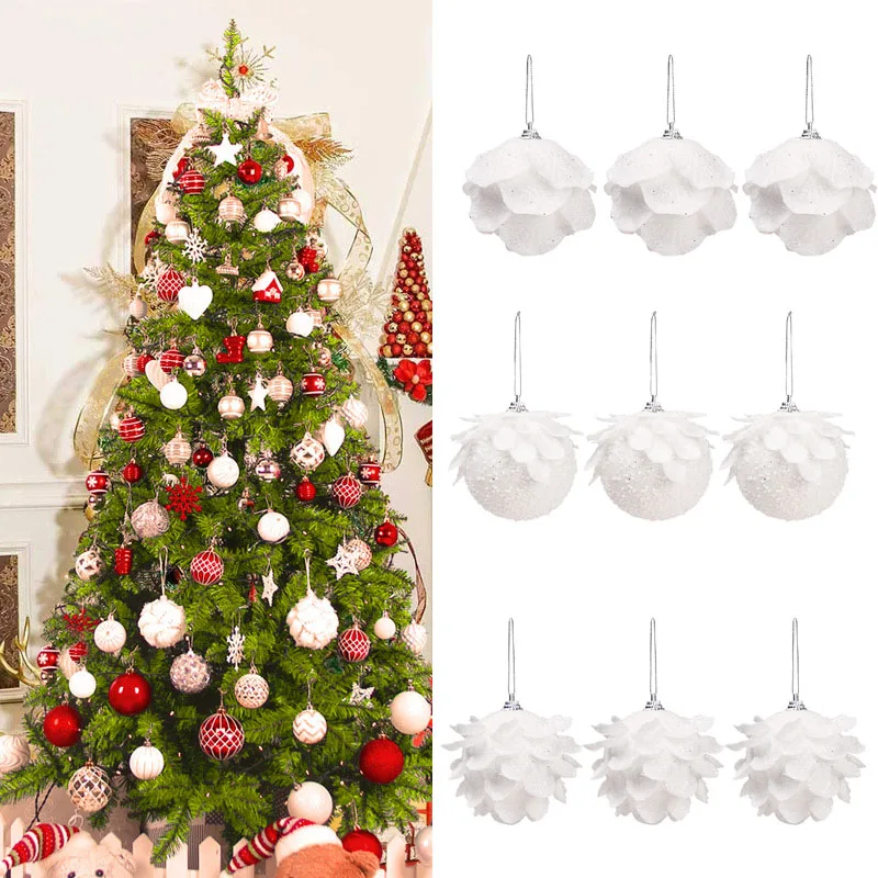 

3Pcs 8cm White Petal Christmas Glitter Foam Balls Ball Christmas Pendants Home Hanging Decor Pendant for Xmas Home Party Supplie