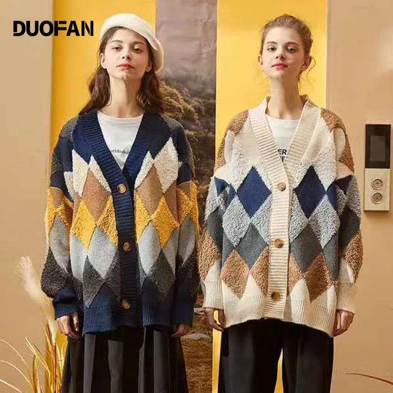 

DUOFAN 2022 New Plaid Chic Cardigans Button Puff Sleeve Checkered Oversized Women's Sweaters Autumn Winter Knitted Sweater Tops