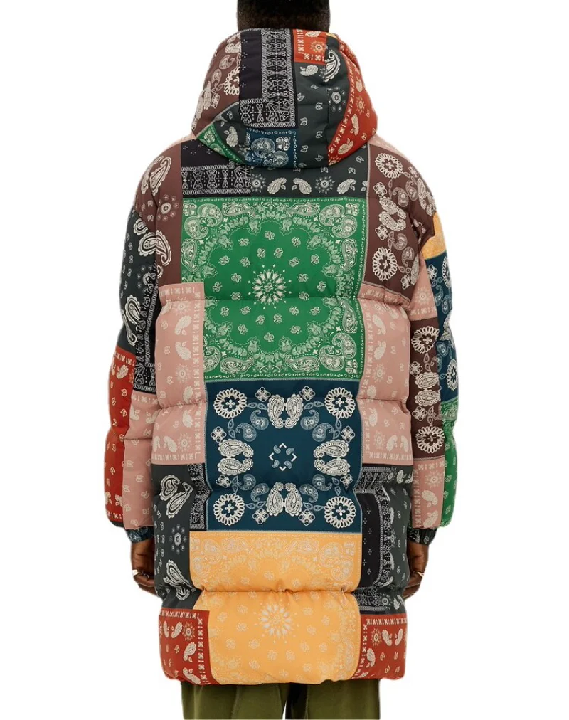 Mens Paisley Printed Hooded Jacket Parka Streetwear Hip Hop Graphic Harajuku Down Jacket Coats Winter Windbreaker Warm Outerwear