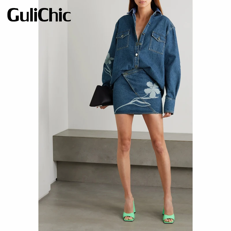 

3.28 GuliChic High Street Print Long Sleeve Denim Shirt Or Asymmetric Mini Skirt Set Women