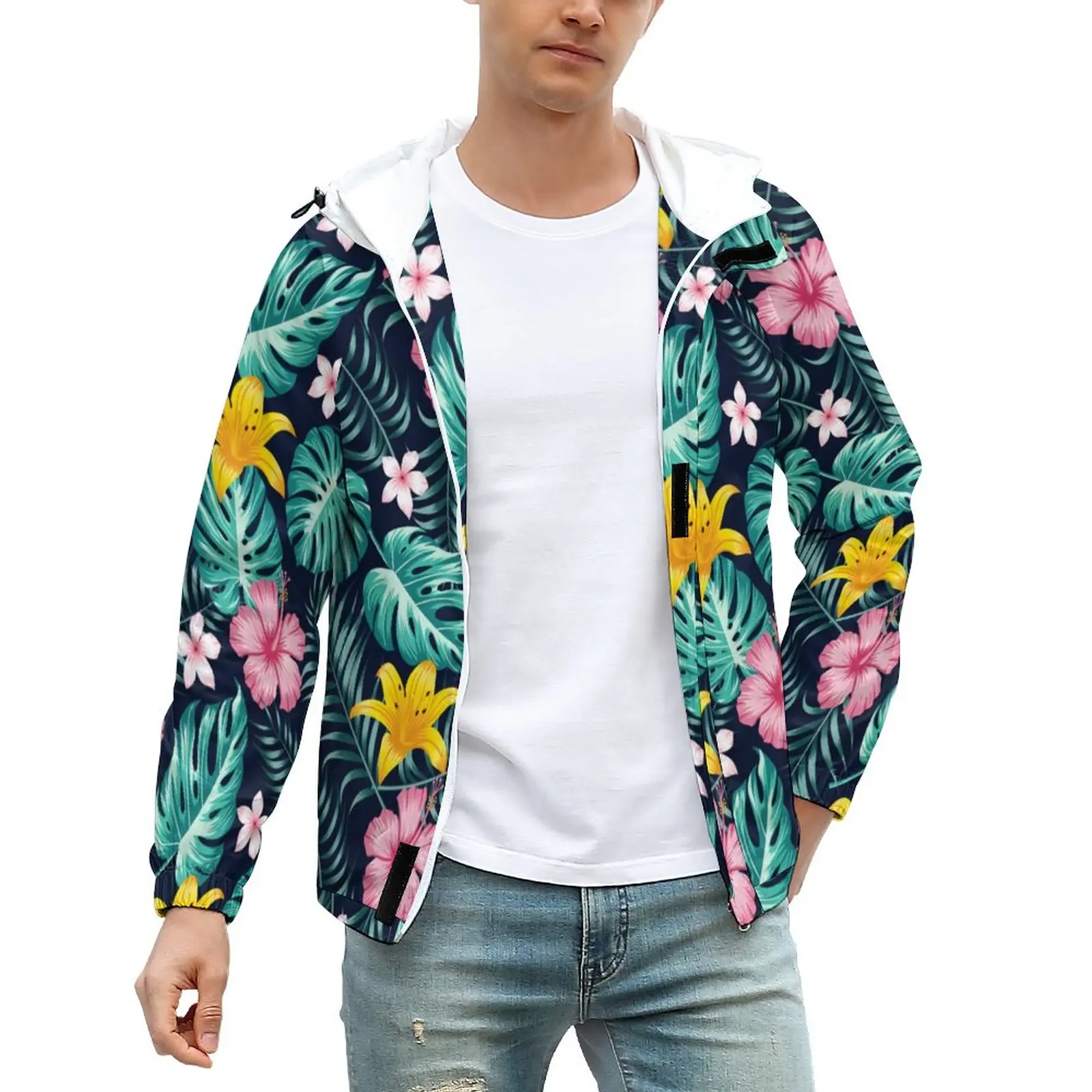 

Куртки с тропическим принтом, зимние розовые Модные Повседневные Пальто с цветами гибискуса, мужская куртка большого размера с капюшоном н...